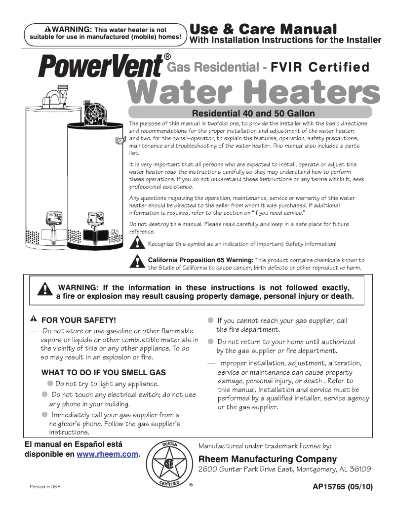 First page image of the manual for GP50S06TVT