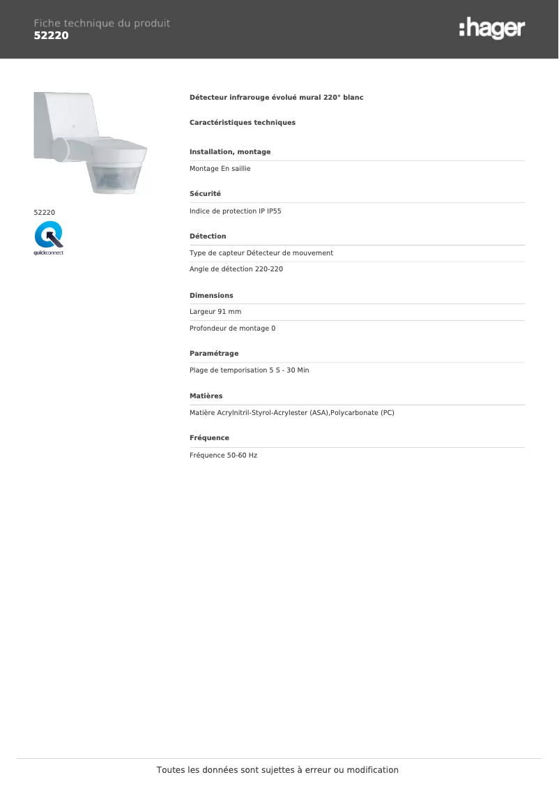 Page 1 of the manual Technical Sheet Hager 52220