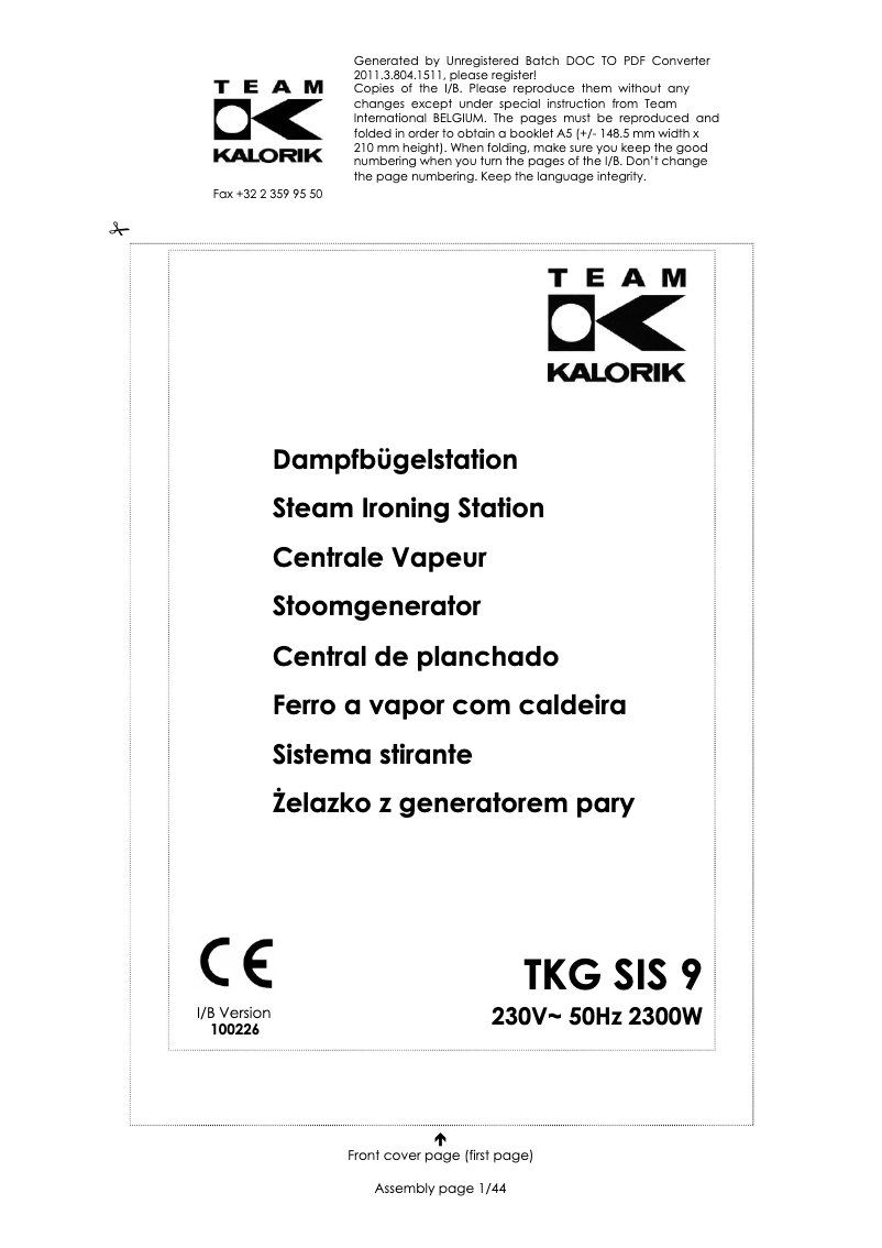 First page image of the manual for TKG SIS 9