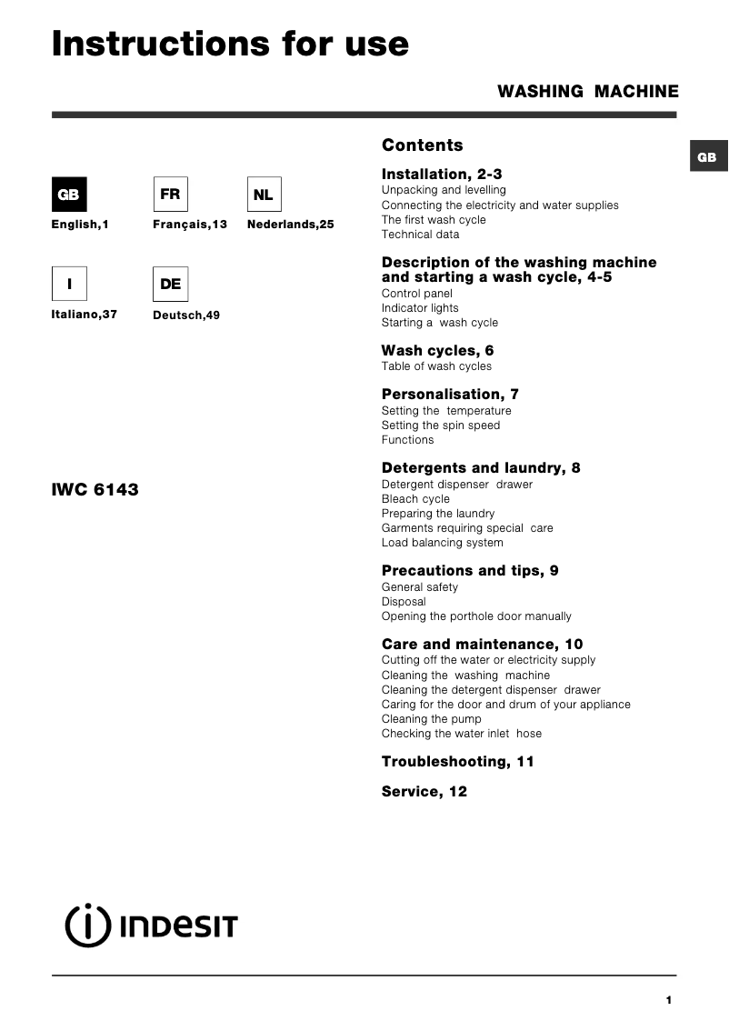 Page 1 of the manual User Manual Indesit IWC 6143 (EU)
