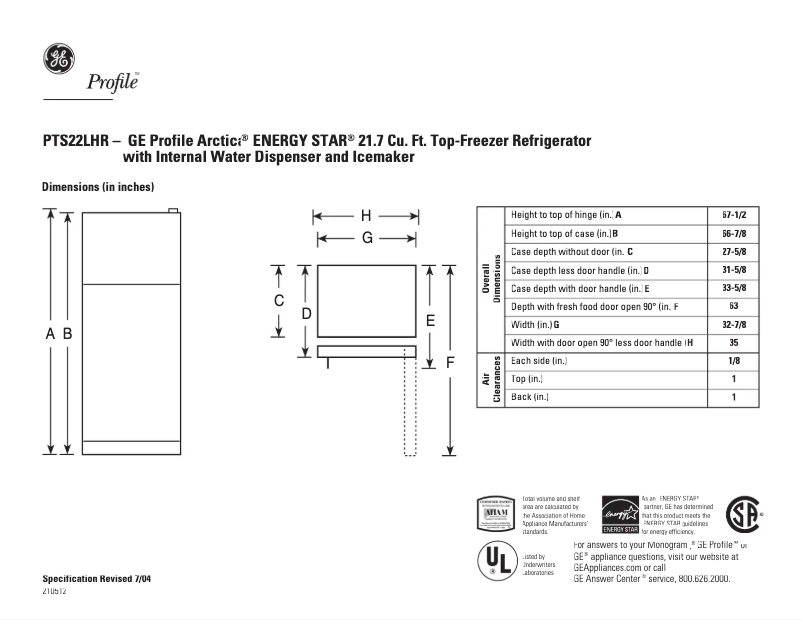 Page 1 of the manual Technical Sheet GE PTS22LHRWW