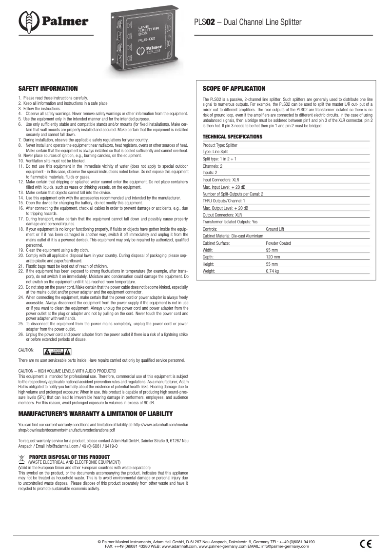 Page 1 of the manual User Manual Palmer PLS-02