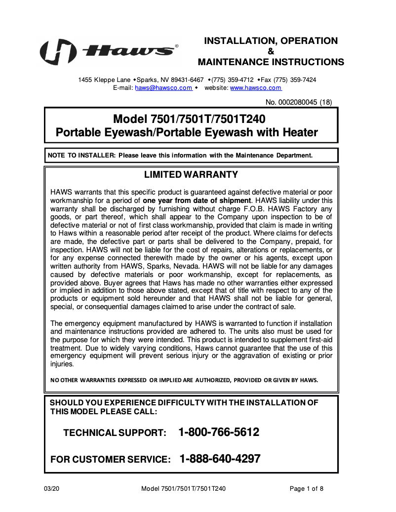 First page image of the manual for 7501