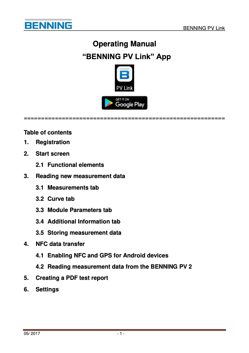 Page 1 of the manual User Manual BENNING PV 1-1 PV