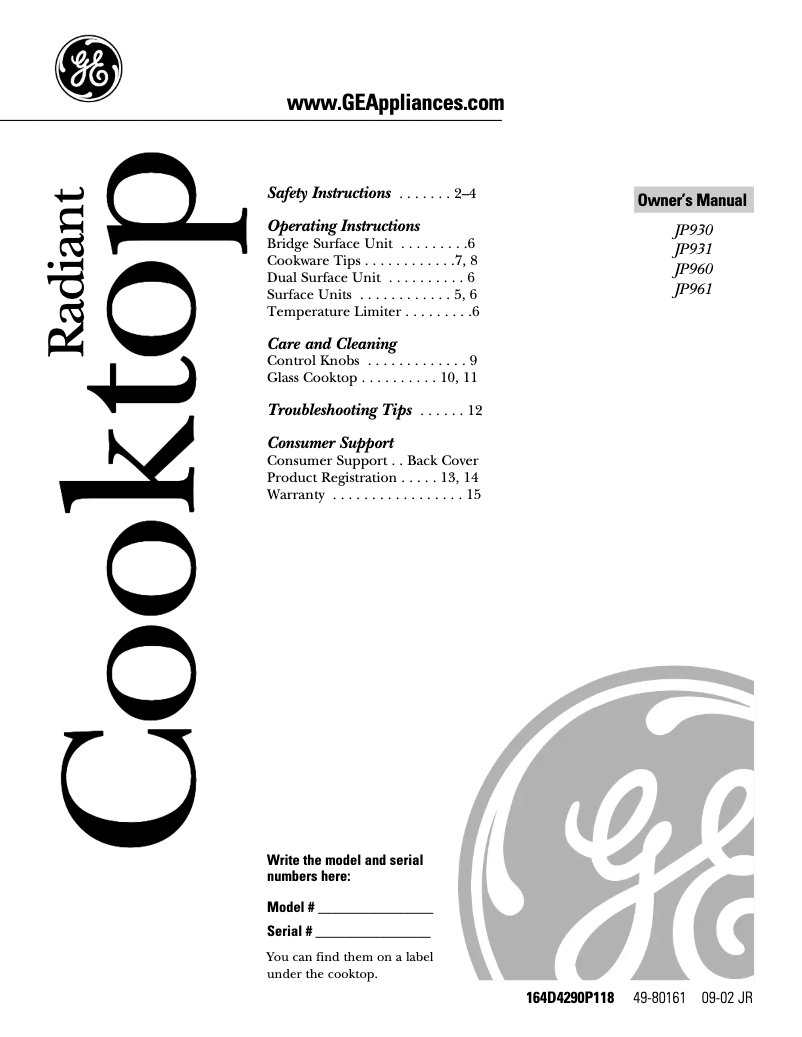 Page 1 of the manual Use and Maintenance Manual GE Profile JP961KHCC