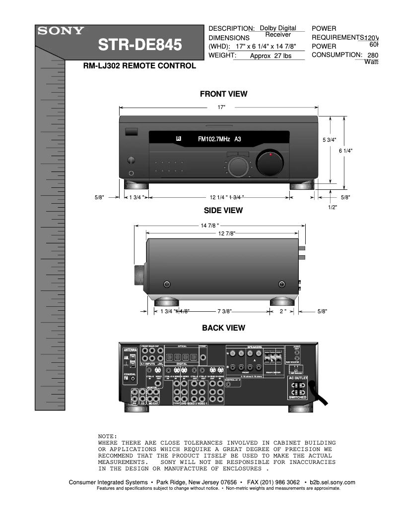 First page image of the manual for STR-DE845