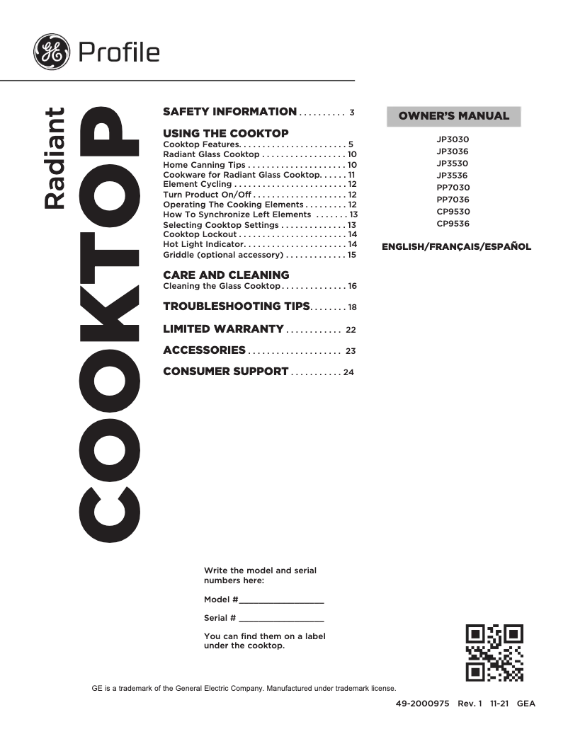 Page 1 of the manual User Manual GE JP3030TWWW