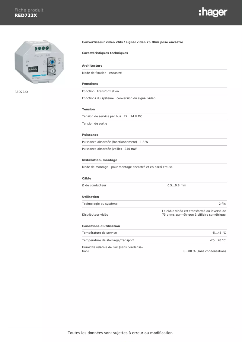 Page 1 of the manual Technical Sheet Hager RED722X