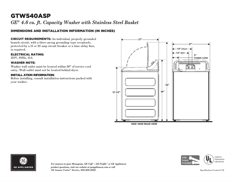 First page image of the manual for GTW540ASPWS