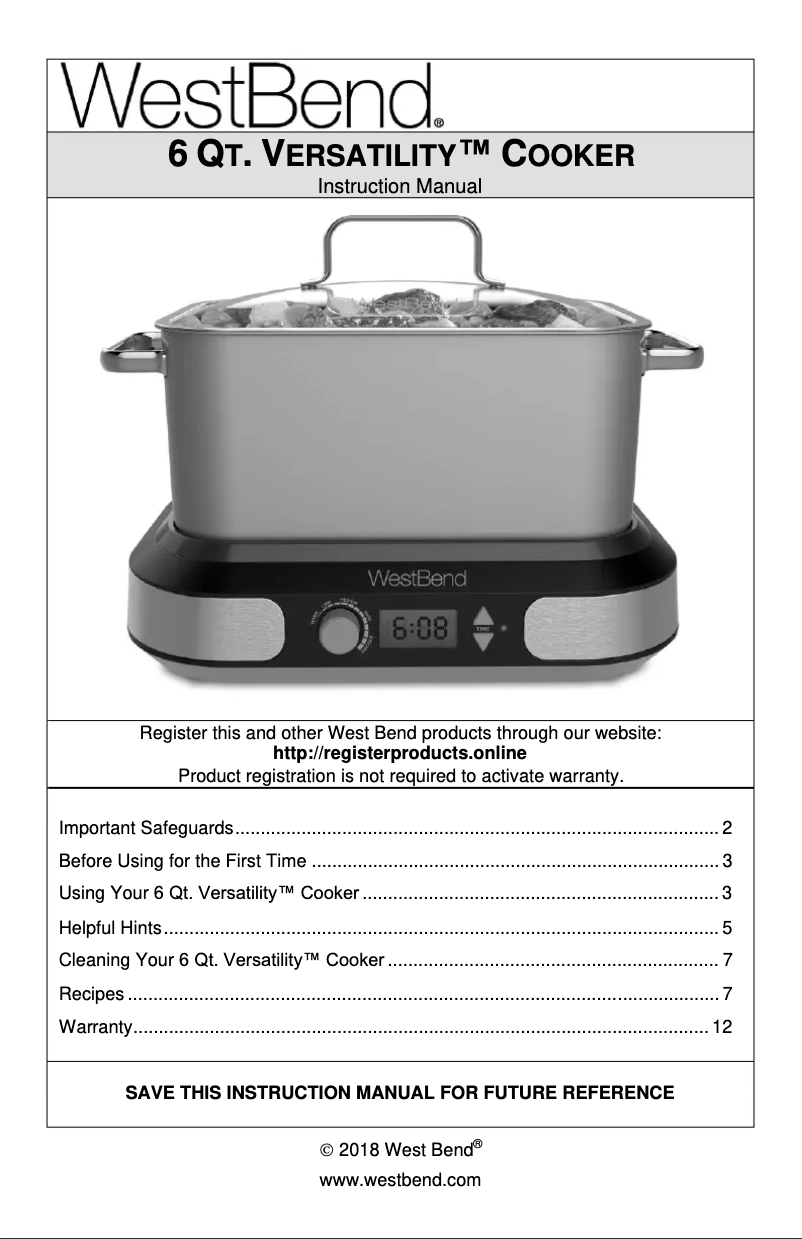 Page 1 de la notice Manuel utilisateur WestBend 87966