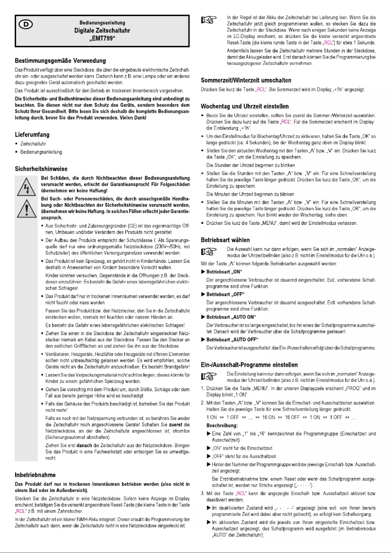 First page image of the manual for EMT799