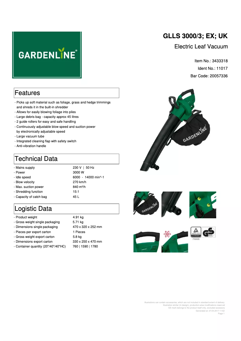 Page 1 of the manual Technical Sheet Gardenline GLLS 3000/3