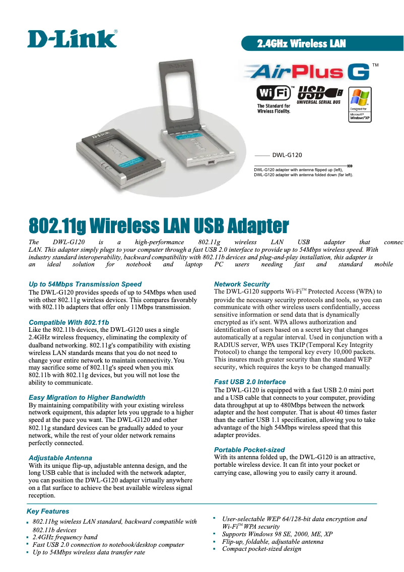 Page 1 of the manual Technical Sheet D-Link DWL-G120