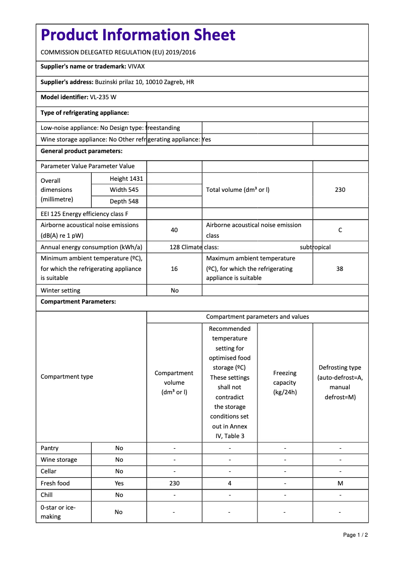 Page 1 of the manual Technical Sheet Vivax VL-235 W