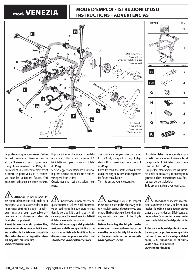 Page 1 de la notice Manuel utilisateur Peruzzo Venezia