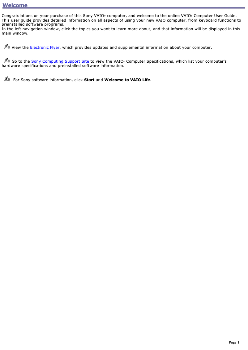 First page image of the manual for Vaio PCG-GRT360ZG