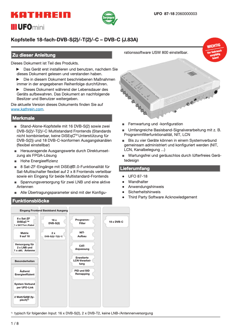Page 1 of the manual Technical Sheet Kathrein UFO 87-18