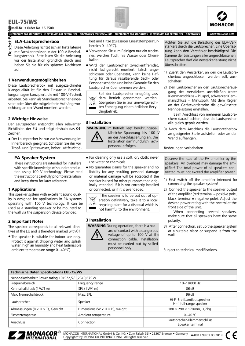 First page image of the manual for EUL-75/WS