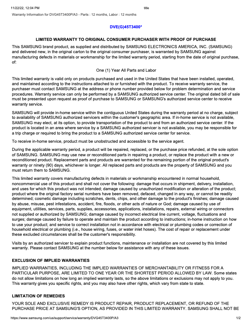 First page image of the manual for DVG45T3400P