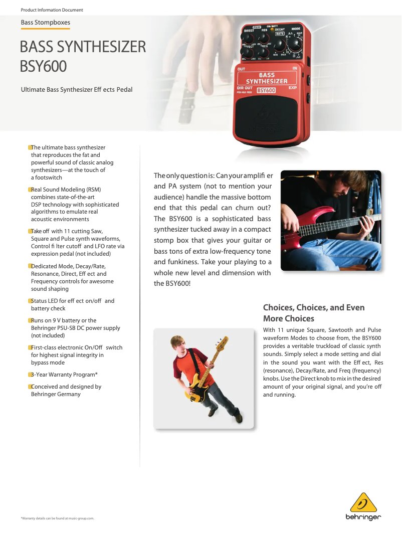 First page image of the manual for Bass Synthesizer BSY600