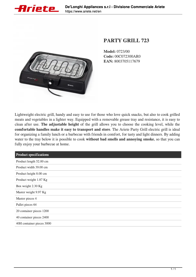 First page image of the manual for Party Grill 723