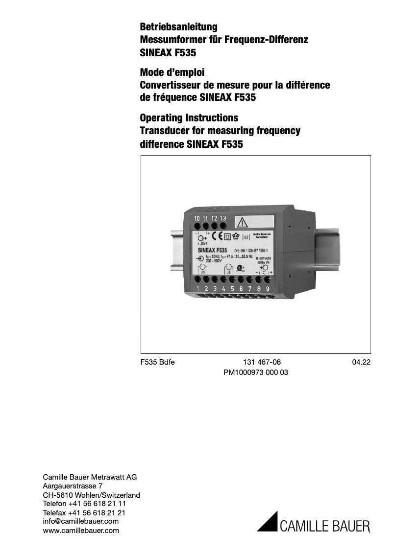 Page 1 of the manual User Manual Camille Bauer SINEAX F535