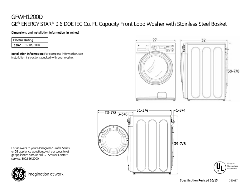 Page 1 of the manual Technical Sheet GE GFWH1200DWW