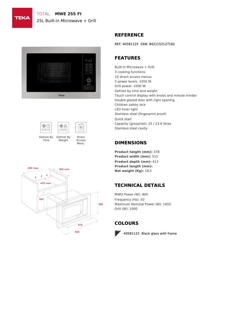 Page 1 of the manual Technical Sheet Teka MWE 255 FI