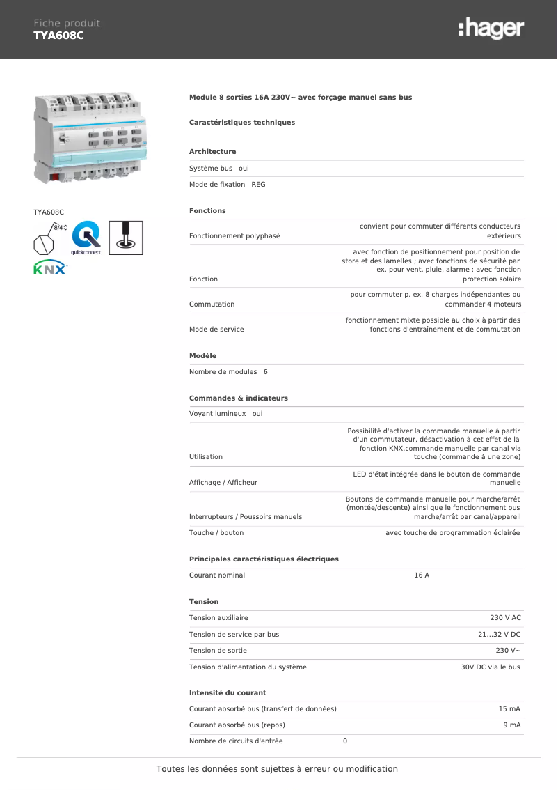 Page 1 of the manual Technical Sheet Hager TYA608C