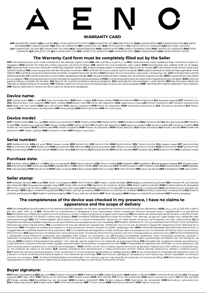 Page 1 of the manual Warranty Information AENO AGH0001S
