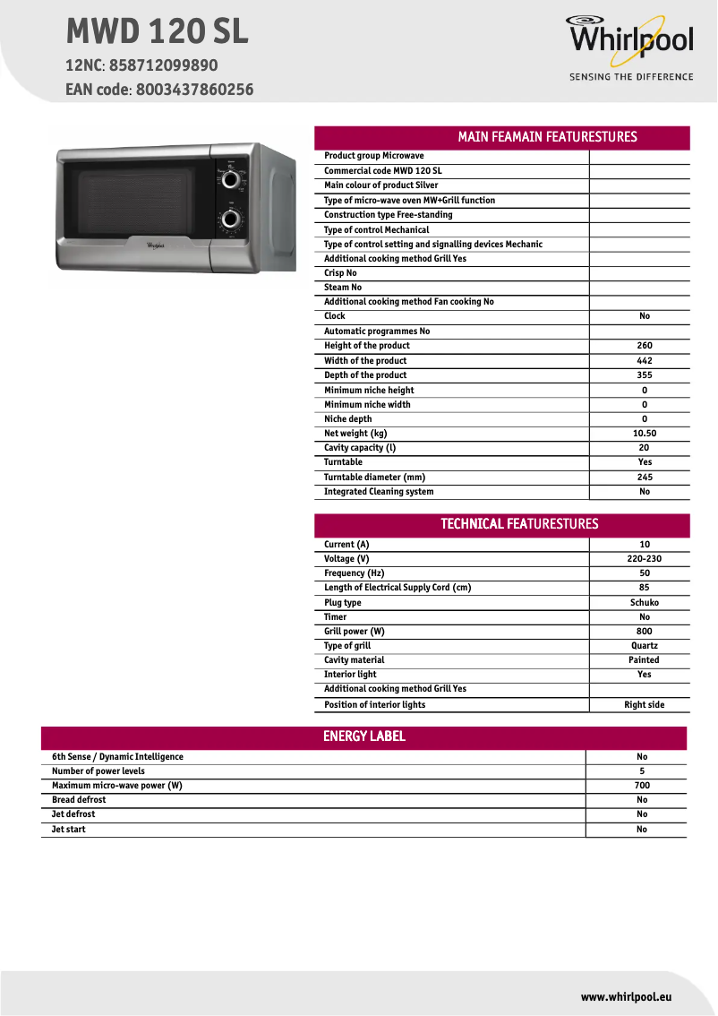 Page 1 of the manual Technical Sheet Whirlpool MWD 120 SL
