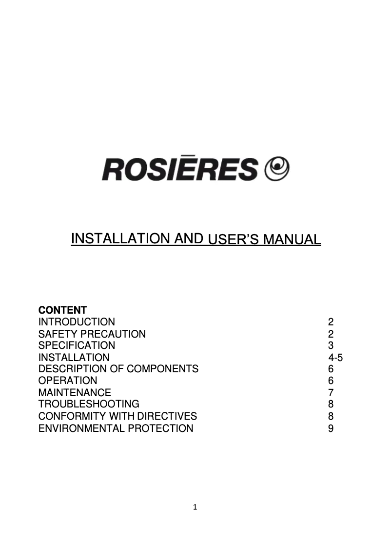 Page 1 of the manual User Manual Rosieres RGM 9185 IN