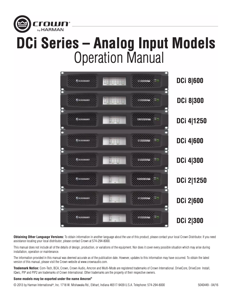 Page 1 of the manual User Manual Crown DriveCore Install DCi 8|300