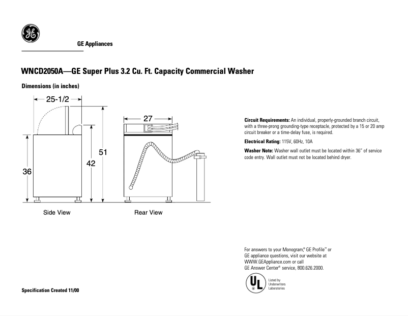 Page 1 of the manual Technical Sheet GE WNCD2050AWC