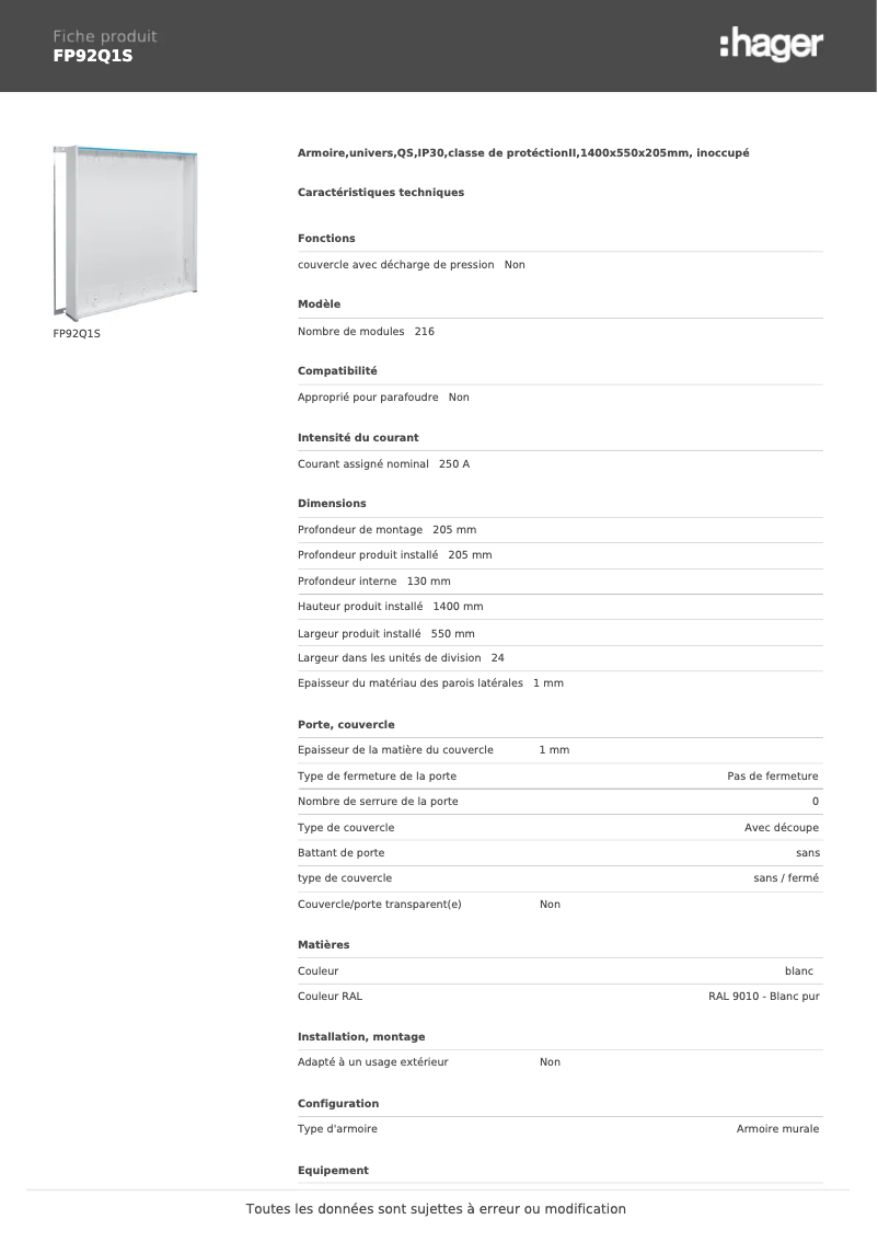 Page 1 of the manual User Manual Hager FP92Q1S