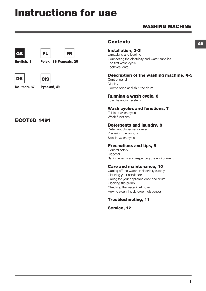 First page image of the manual for ECOT6D 1491 (EU)