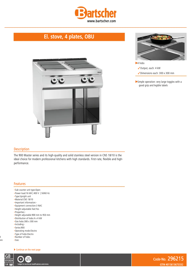 Page 1 of the manual Technical Sheet Bartscher 296215