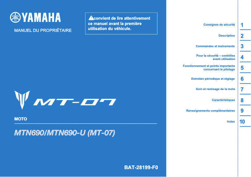 First page image of the manual for MT07 (2021)