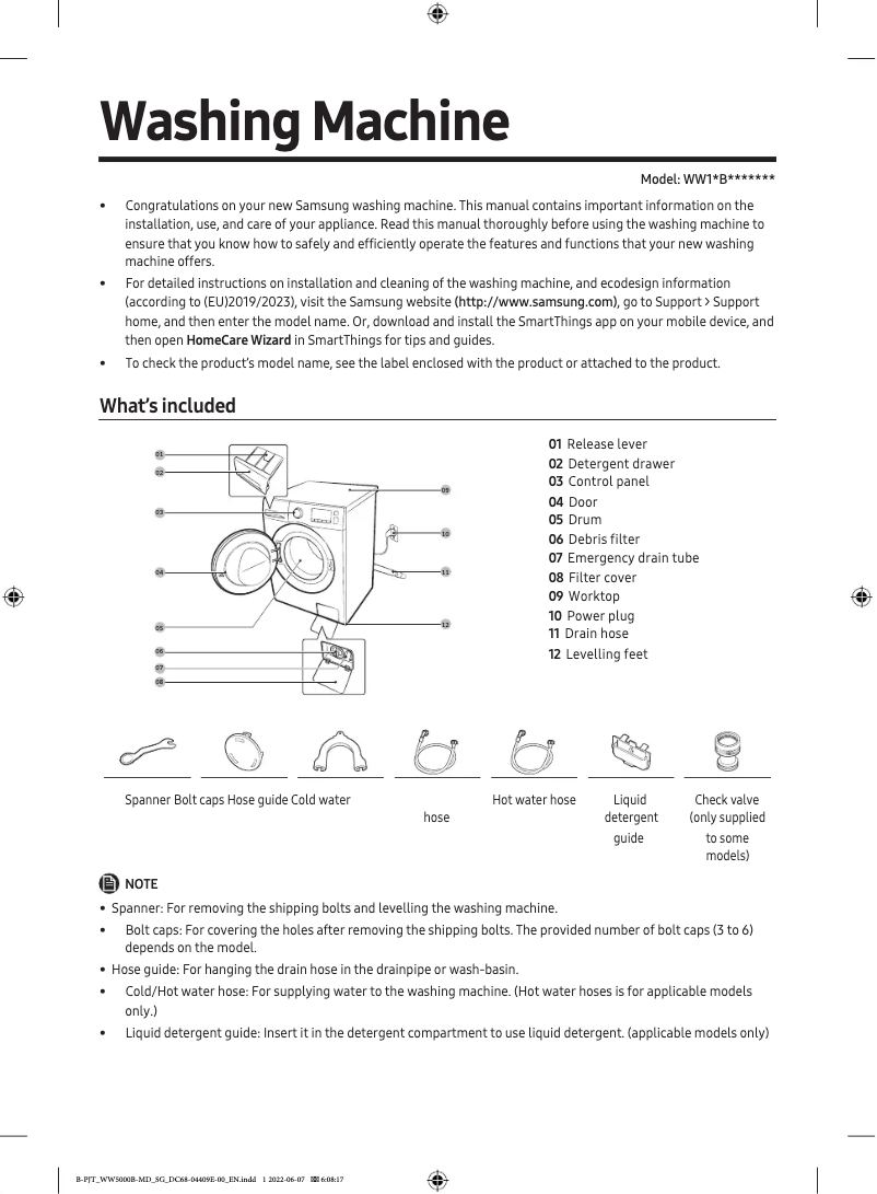 First page image of the manual for WW11BBA047AW