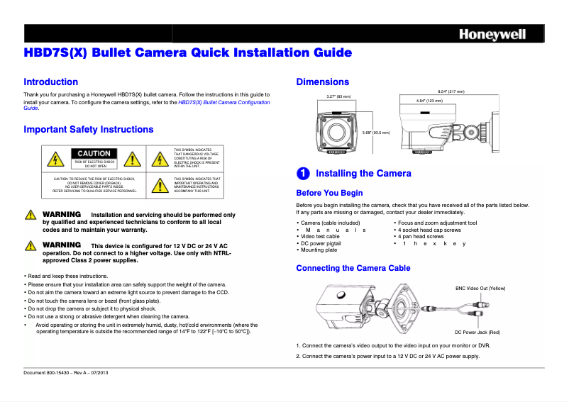Page 1 of the manual User Manual Honeywell HBD7S