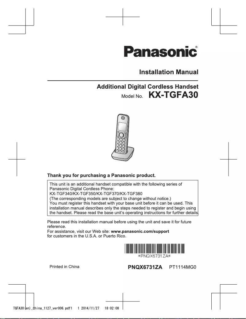 First page image of the manual for KX-TGFA30N