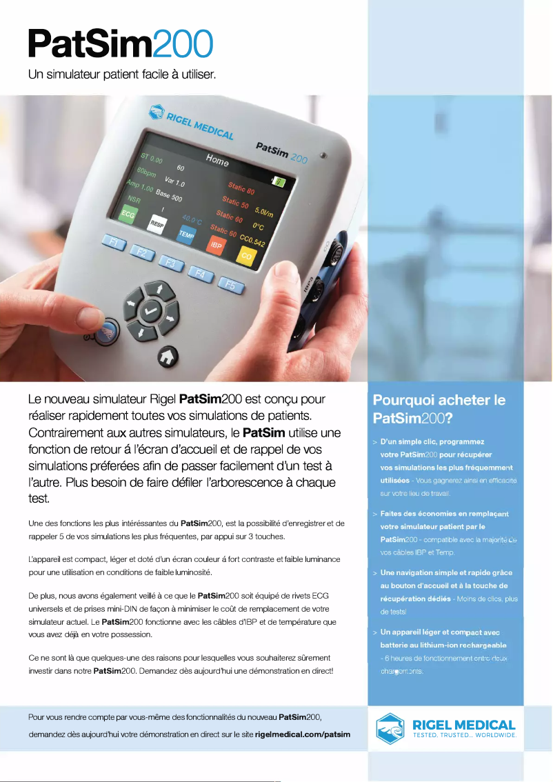Page 1 of the manual Technical Sheet Rigel Medical PatSim 200