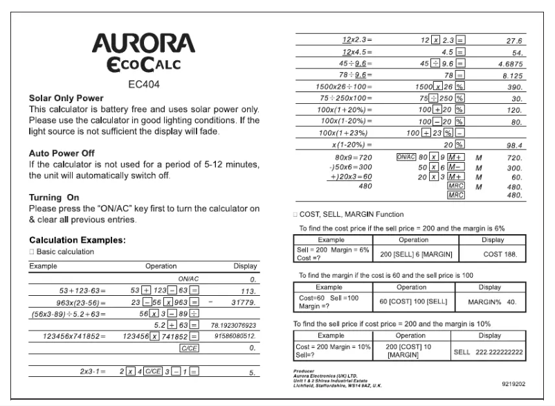 First page image of the manual for EC404