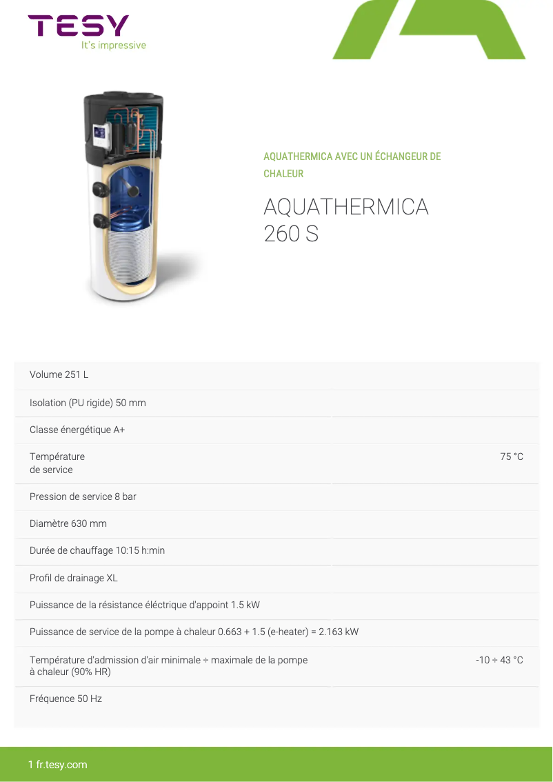 Page 1 of the manual Technical Sheet Tesy AquaThermica 260 S