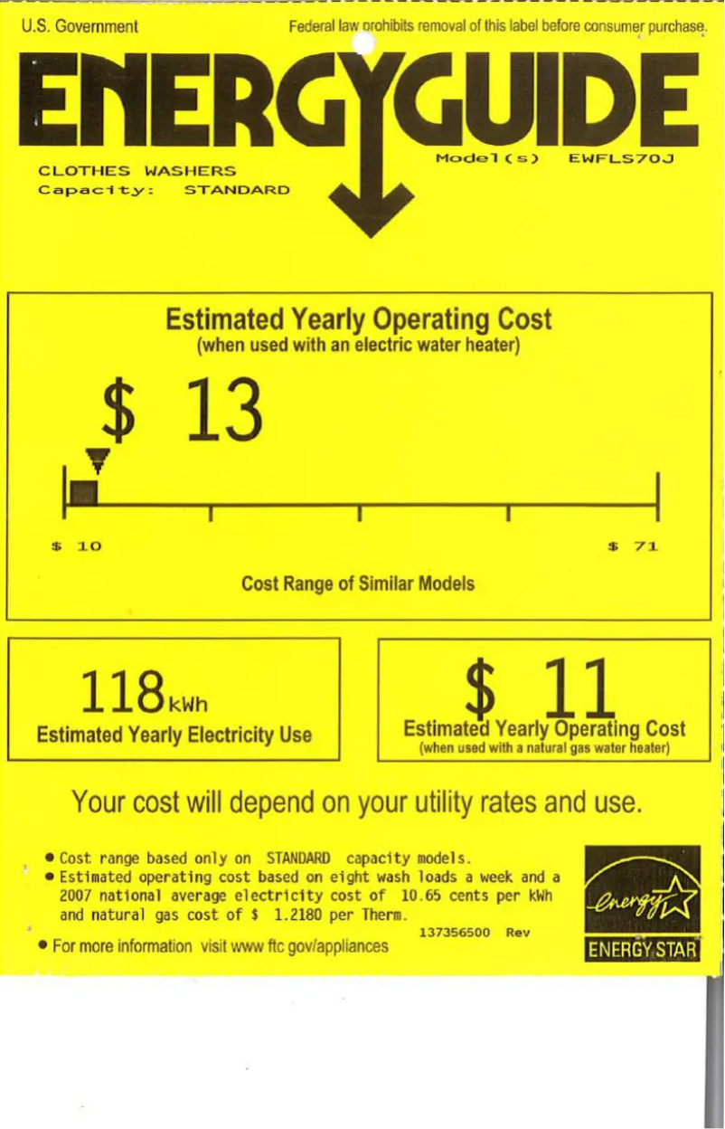 Page 1 of the manual Energy Label Electrolux EWFLS70JTS