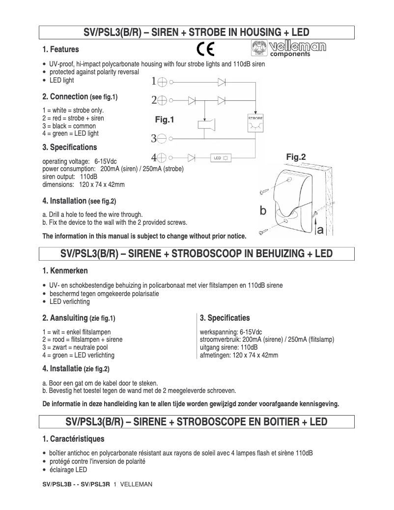 Page 1 of the manual User Manual Velleman SV/PSL3R