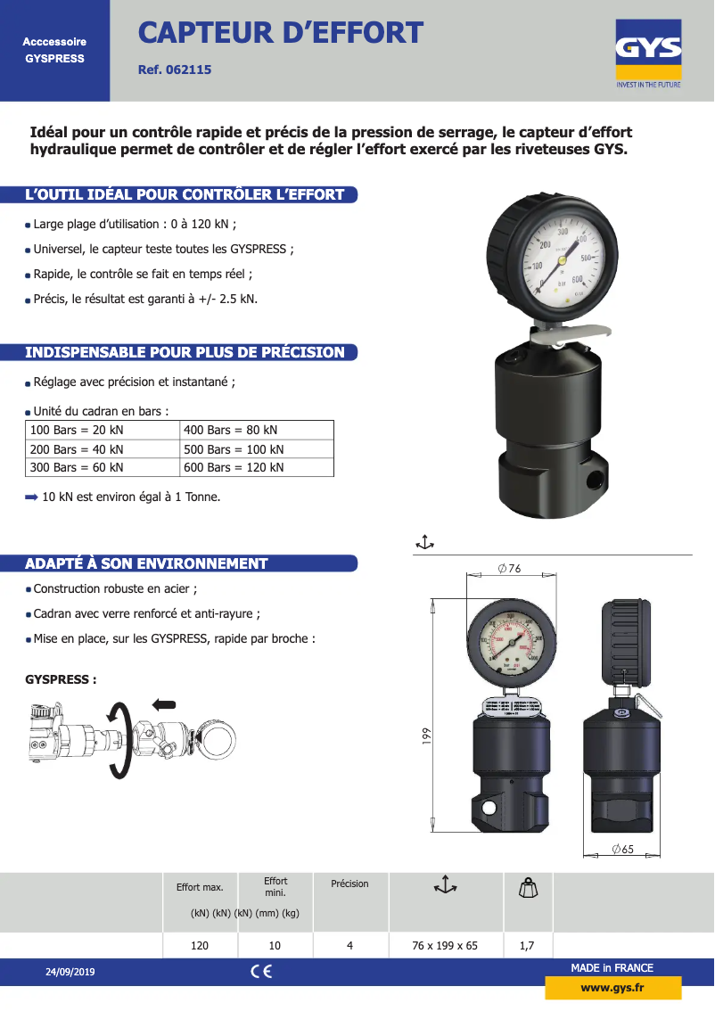 Page 1 of the manual Technical Sheet GYS Gyspress