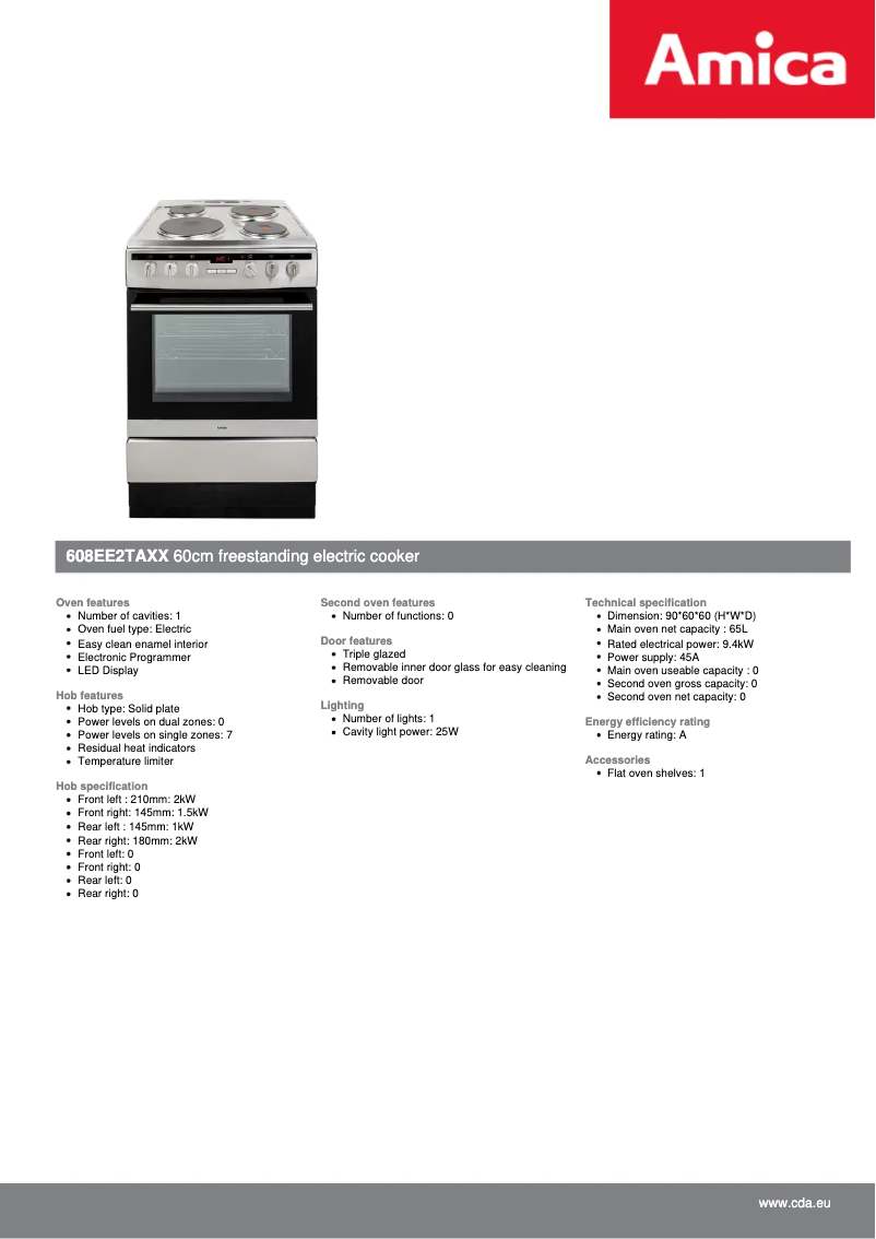 Page 1 of the manual Technical Sheet Amica 608EE2TAXX