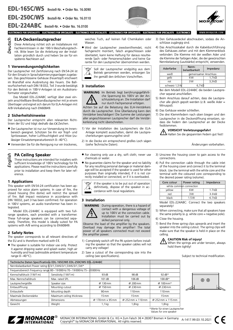 Page 1 of the manual User Manual Monacor EDL-250C/WS