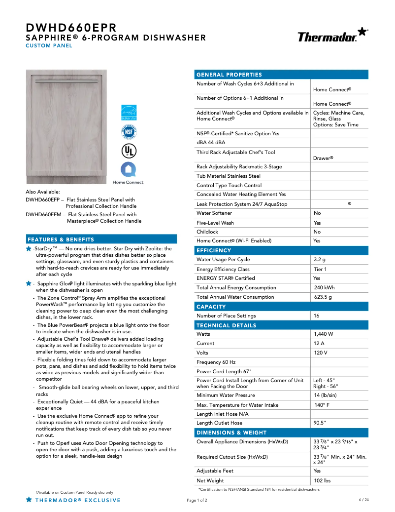 Page 1 of the manual Technical Sheet Thermador DWHD660EPR